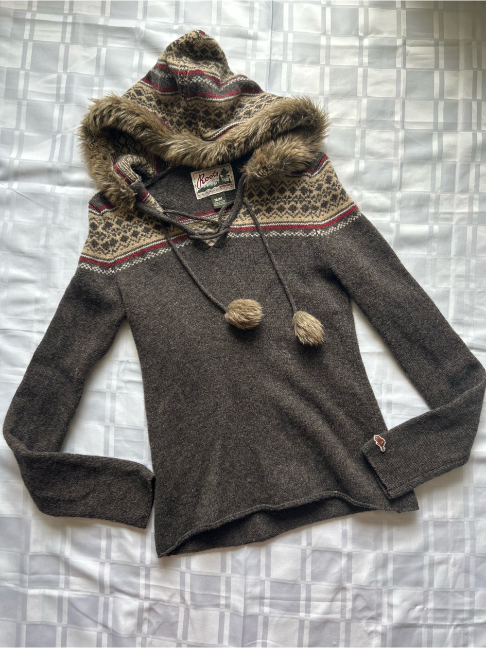 Roots Brown Wool Fair Isle V-Neck Hooded Sweater with Fur Trim Hood & Pom Poms